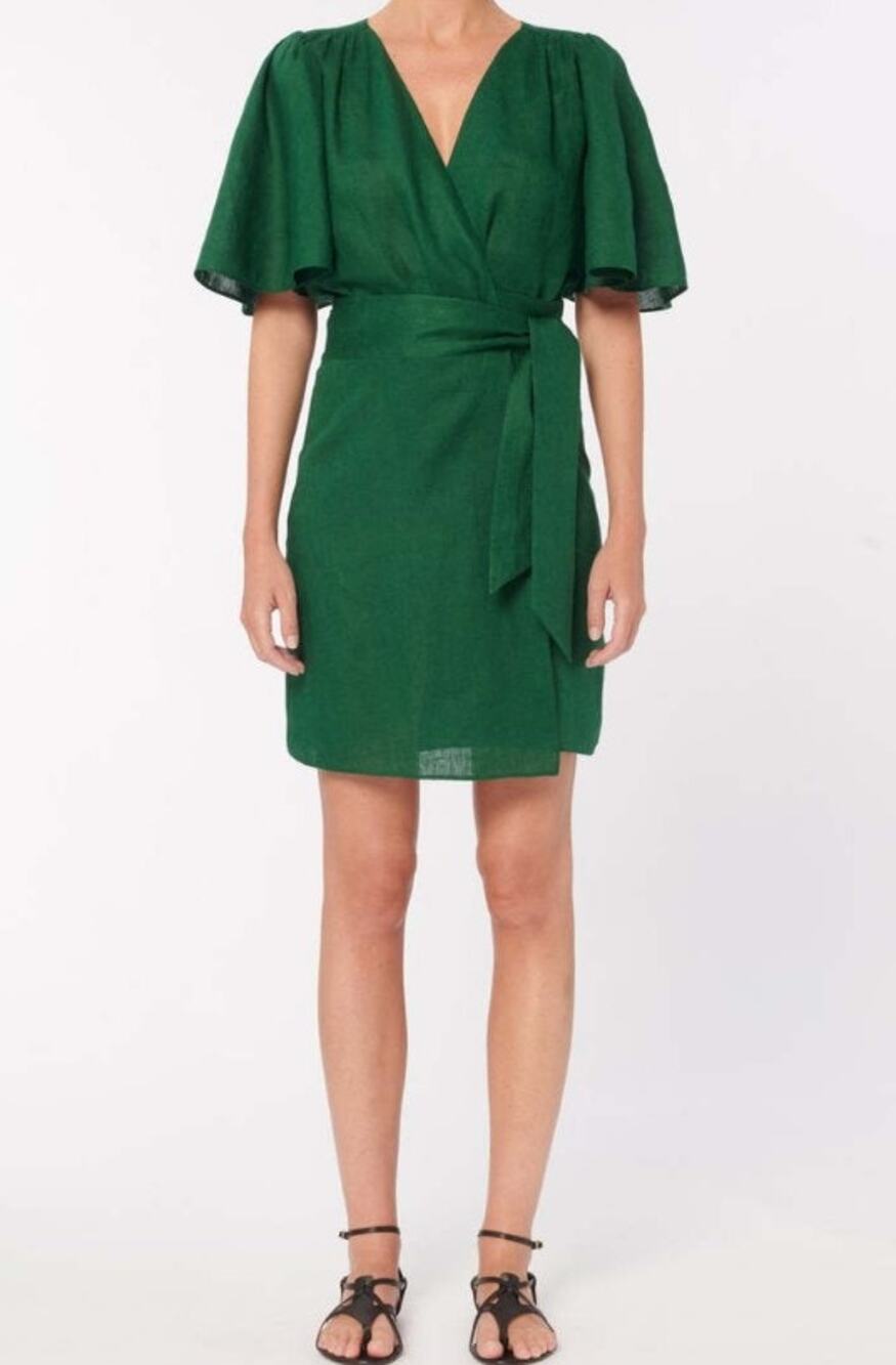 VANESSA BRUNO Tobasco Linen Wrap Dress Size 38 = 6 Emerald Green MSRP $335